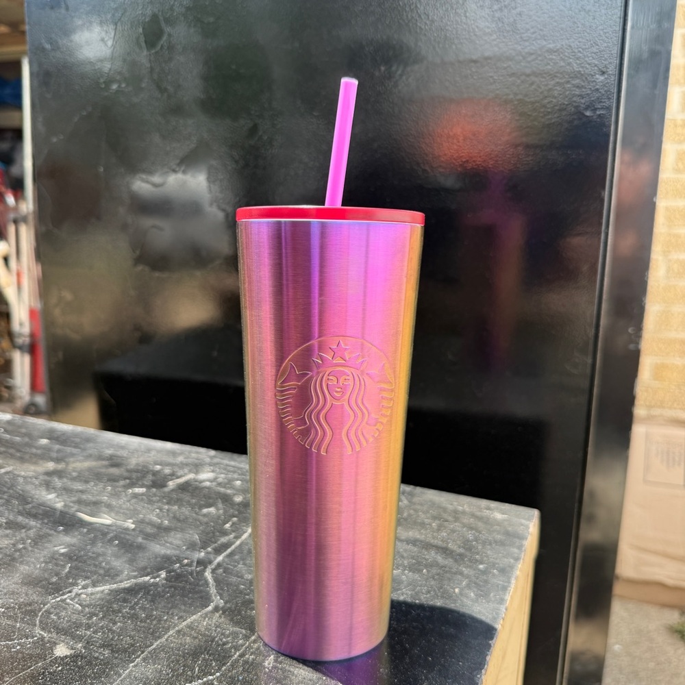 Starbucks Iridescent Tumbler with Gold and Pink Hues